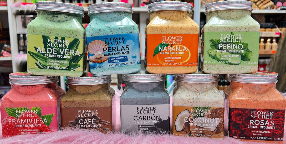 Colección de cremas exfoliantes corporales Flower Secret de ÉL&ELLA MAKEUP Y ACCESORIOS con diversos aromas naturales