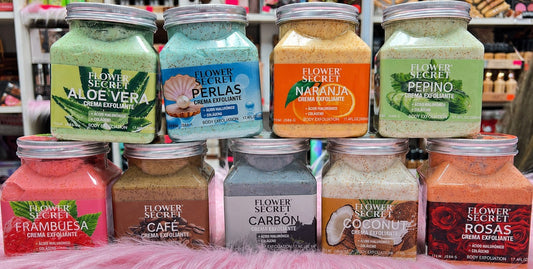 Colección de cremas exfoliantes corporales Flower Secret de ÉL&ELLA MAKEUP Y ACCESORIOS con diversos aromas naturales