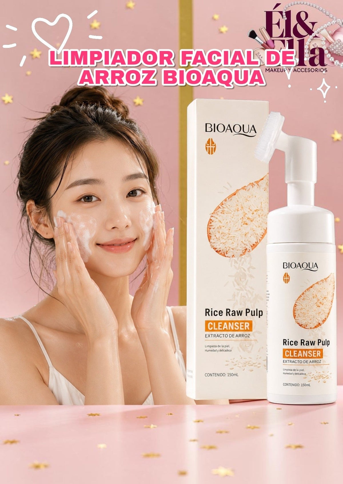 Mujer aplicándose limpiador facial de arroz Bioaqua de ÉL&ELLA MAKEUP Y ACCESORIOS con cepillo de silicona integrado