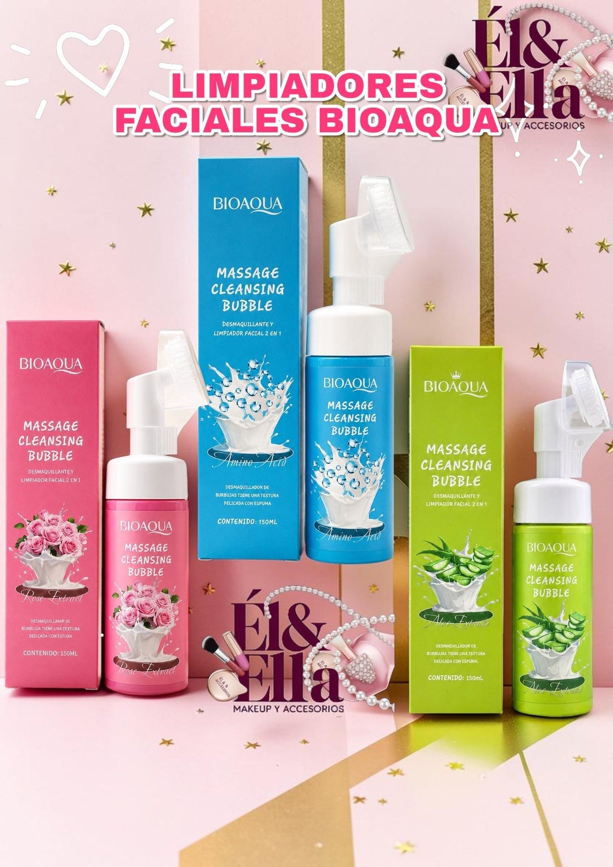Limpiadores faciales Bioaqua de ÉL&ELLA MAKEUP Y ACCESORIOS con cepillo de silicona en versiones rosa, azul y verde