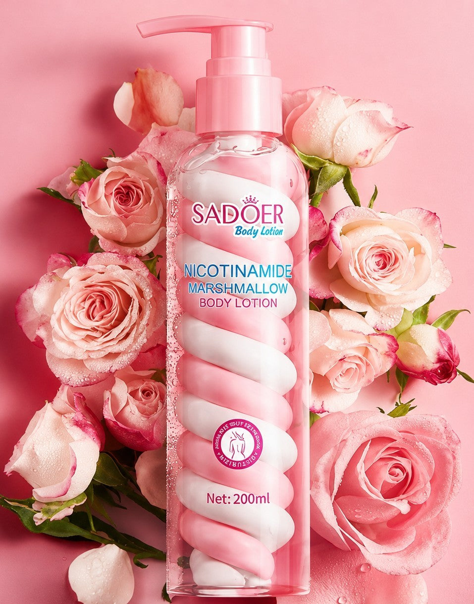 Loción corporal Sadoer Nicotinamide Marshmallow de ÉL&ELLA MAKEUP Y ACCESORIOS con textura en espiral rosa y blanca
