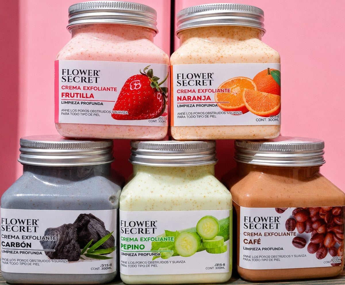Colección de cremas exfoliantes Flower Secret de ÉL&ELLA MAKEUP Y ACCESORIOS con aromas de frutilla, naranja, carbón, pepino y café.