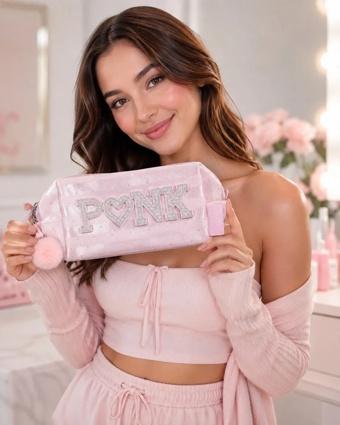 Modelo sosteniendo neceser rosa pastel ÉL&ELLA MAKEUP Y ACCESORIOS con letras brillantes y pompón decorativo