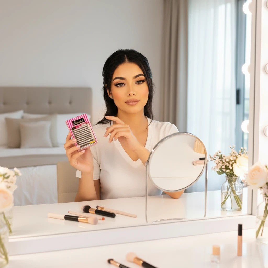Mujer sosteniendo pestañas postizas autoadhesivas Scarlet de ÉL&ELLA MAKEUP Y ACCESORIOS frente a un espejo con luces