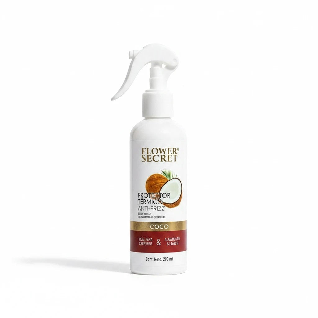 Spray protector térmico Flower Secret con extracto de coco para anti-frizz, disponible en ÉL&ELLA MAKEUP Y ACCESORIOS