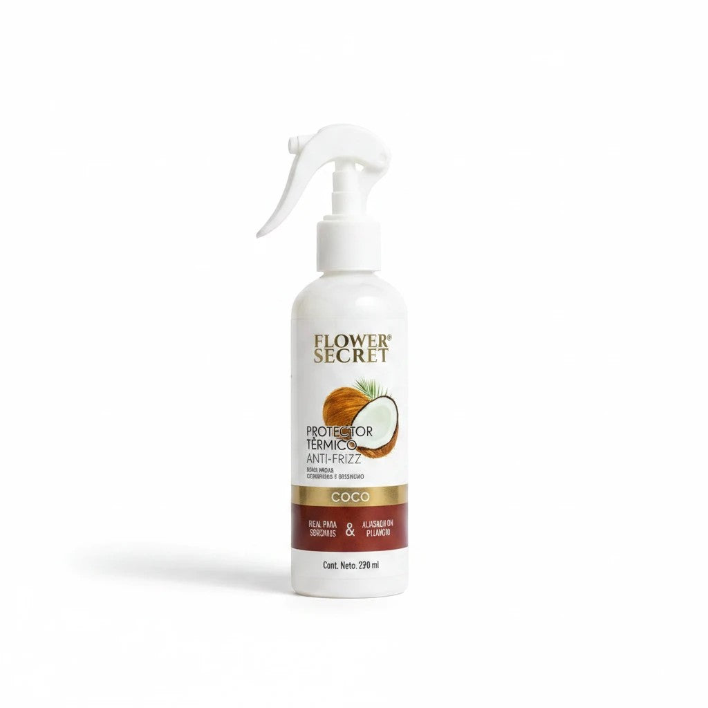Spray protector térmico Flower Secret con coco para anti-frizz, disponible en ÉL&ELLA MAKEUP Y ACCESORIOS