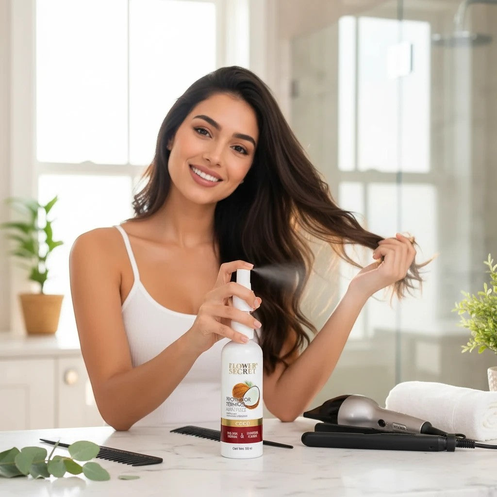 Mujer sonriente aplicando protector térmico de coco Flower Secret en su cabello, disponible en ÉL&ELLA MAKEUP Y ACCESORIOS