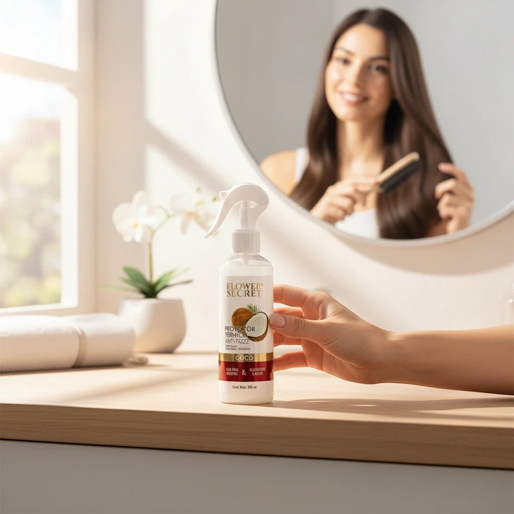 Spray protector térmico de coco Flower Secret de ÉL&ELLA MAKEUP Y ACCESORIOS para alisar y proteger el cabello